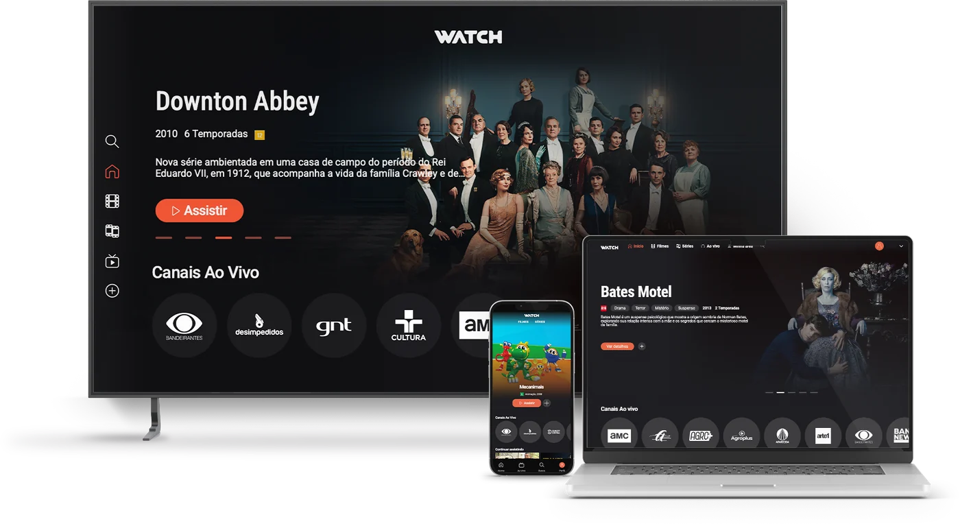 App Watch TV rodando na TV, no celular e no notebook